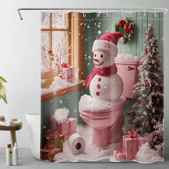 HVEST Funny Snowman Pink Christmas Shower Curtain with Cute Winter Snowman on the Toilet Design - Christmas Tree Bathroom Decor, Waterproof Polyester Fabric, Includes 10 Hooks, 60x72 Inches
