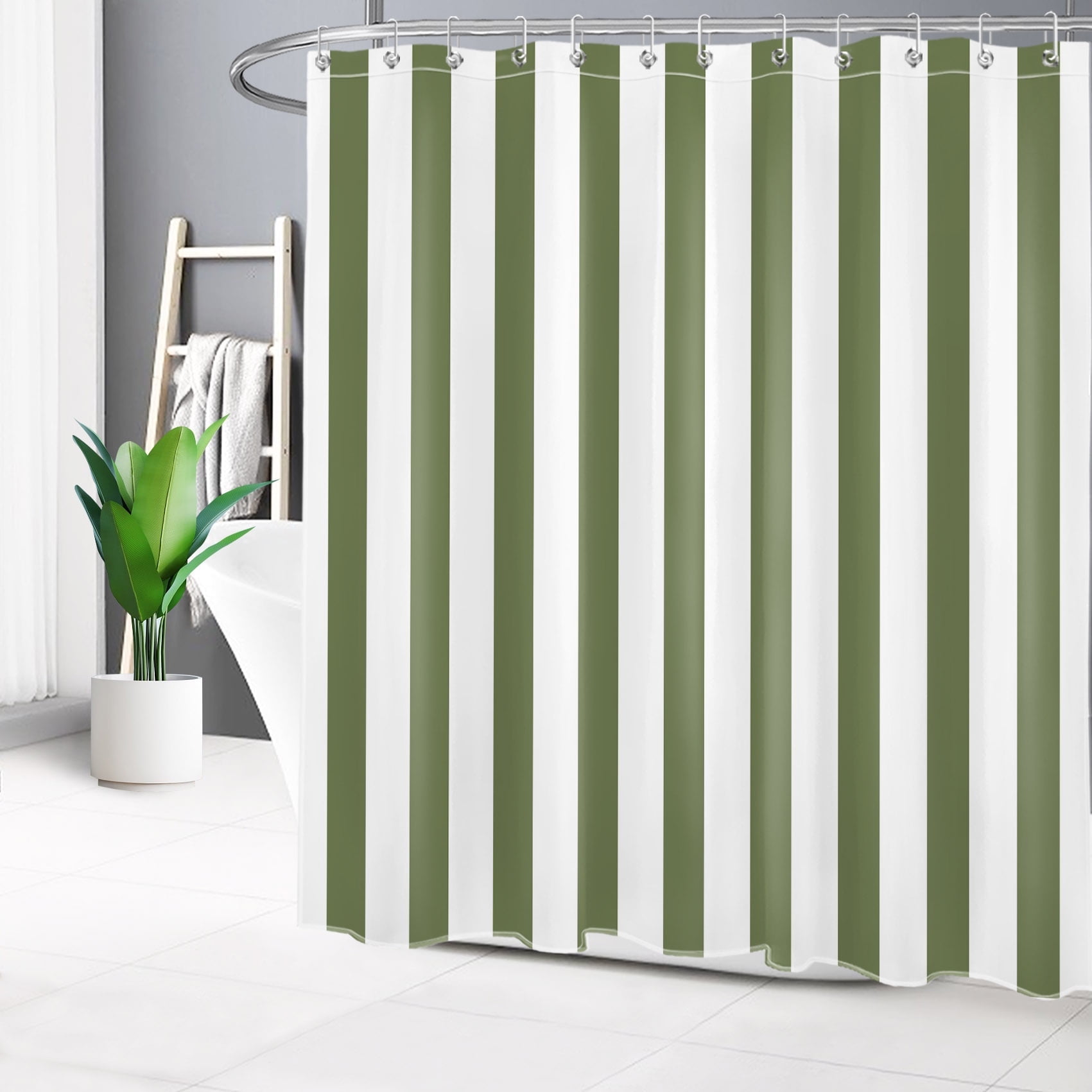 HVEST Geometric Striped Shower Curtain Vertical Striped Green and White