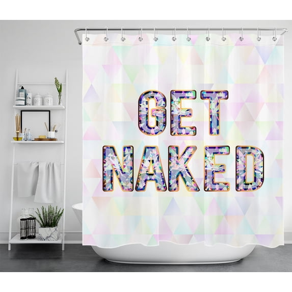 HVEST Get Naked Shower Curtain,  Colorful Geometric Patterns Diamond Pattern Funny Words Shower Curtain for Bathroom, Waterproof Polyester Fabric Bath Curtain with Hooks, 72X78 inch