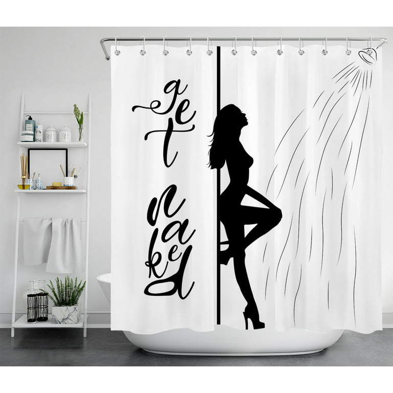 HVEST Get Naked Shower Curtain Decor, Sexy Girl Woman Shadow and Funny Word  Shower Curtain Adult Black White Bathroom Polyester Fabric Decorative