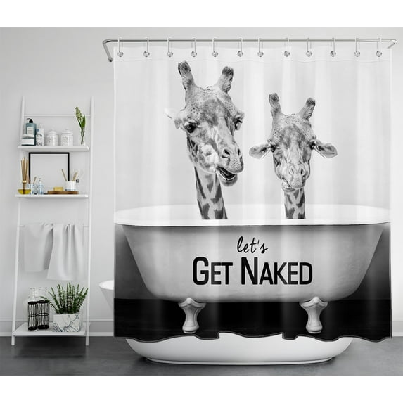 HVEST Get Naked Shower Curtains for Bathroom, Funny Wild Animal Giraffe in Bathtub Black and White Bathroom Curtain, Farmhouse Fabric Bath Curtain Polyester Waterproof with Hooks, 72x78 Inches
