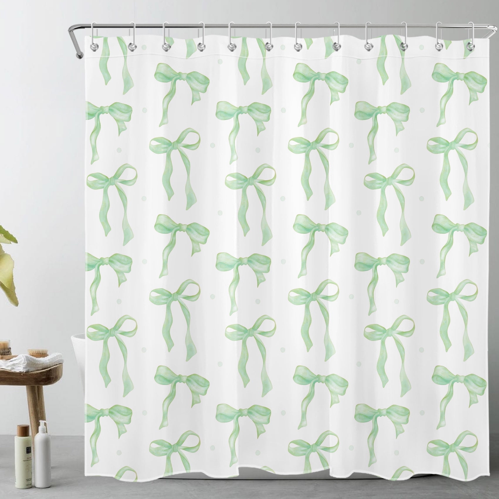 HVEST Green Bow Shower Curtain with Green and White Design - Modern Simple Aesthetic Bathroom Decor, Waterproof Polyester Fabric, Includes 12 Hooks, 72x72 Inches