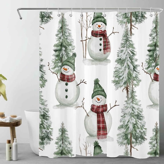 HVEST Green Christmas Shower Curtain with Winter Country Snowman and Forest Tree Design - Red and Green Christmas Bathroom Decor, Waterproof Polyester Fabric, Includes 10 Hooks, 60x72 Inches