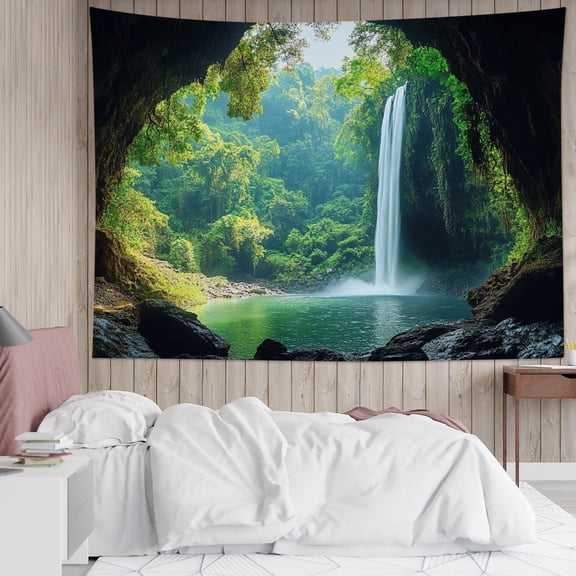 HVEST Green Forest Plant Tapestry Wall Hanging Rainforest Waterfall Wall Tapestry for Bedroom Nature Landscape Tapestry for Living Room College Dorm Home Decor,60x40 inch