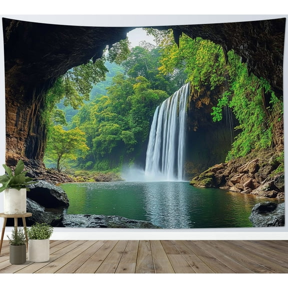 HVEST Green Nature Landscape Tapestry Wall Hanging Rainforest Waterfall Wall Tapestry for Bedroom Forest Plant Tapestry for Living Room College Dorm Home Decor,80x60 inch
