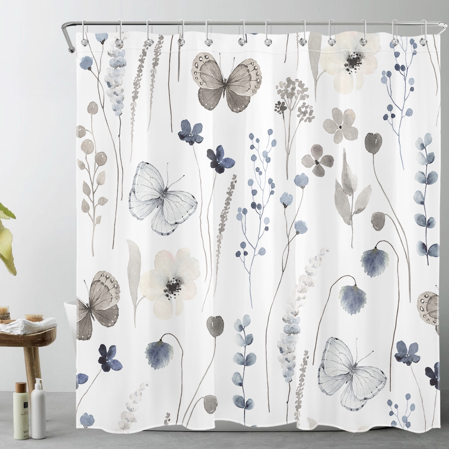 HVEST Grey Butterfly Shower Curtain for Bathroom,Vintage