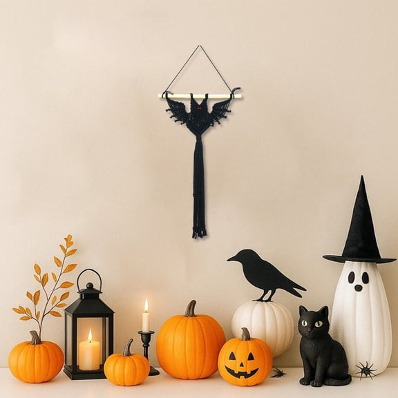 HVEST Halloween Black Bat Macrame Wall Hanging- Horror Bat Wall Decor, Gothic Decorations Outdoor, Yard, Tree, Handmade Woven Hanging Decor for Bedroom, Spooky Season Ornaments