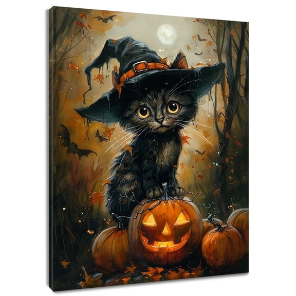 HVEST Halloween Black Cat Wall Art Scary Pumpkin Bat and Maple Leaf Canvas Wall Art Vintage Halloween Gothic Framed Wall Decor for Living Room Bedroom Home, 12 X 16 inches