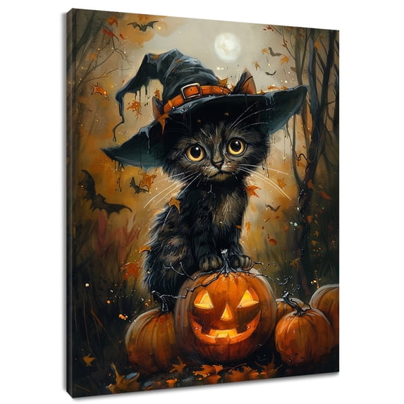 HVEST Halloween Black Cat Wall Art Scary Pumpkin Bat and Maple Leaf Canvas Wall Art Vintage Halloween Gothic Framed Wall Decor for Living Room Bedroom Home, 8 X 10 inches