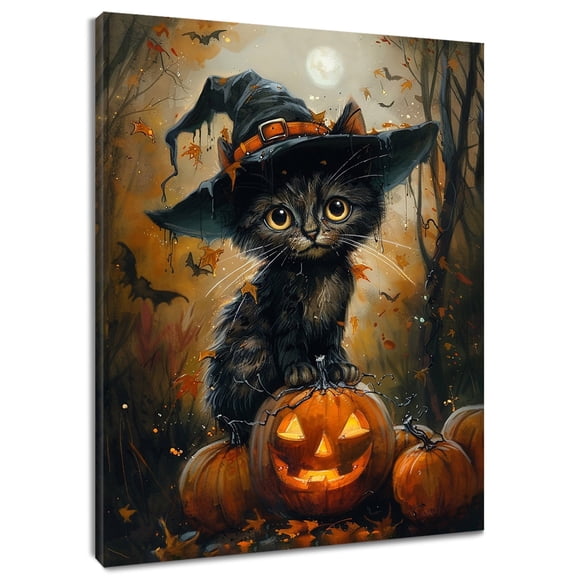 HVEST Halloween Black Cat Wall Art Scary Pumpkin Bat and Maple Leaf Canvas Wall Art Vintage Halloween Gothic Framed Wall Decor for Living Room Bedroom Home, 8 X 10 inches