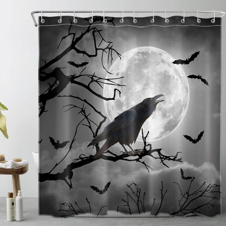 HVEST Halloween Crow Shower Curtain for Bathroom Black Bat Dead Tree and Full Moon Bathroom Shower Curtains with Hooks, Vintage Grey Bathroom Curtains Shower Set 72x78 inch