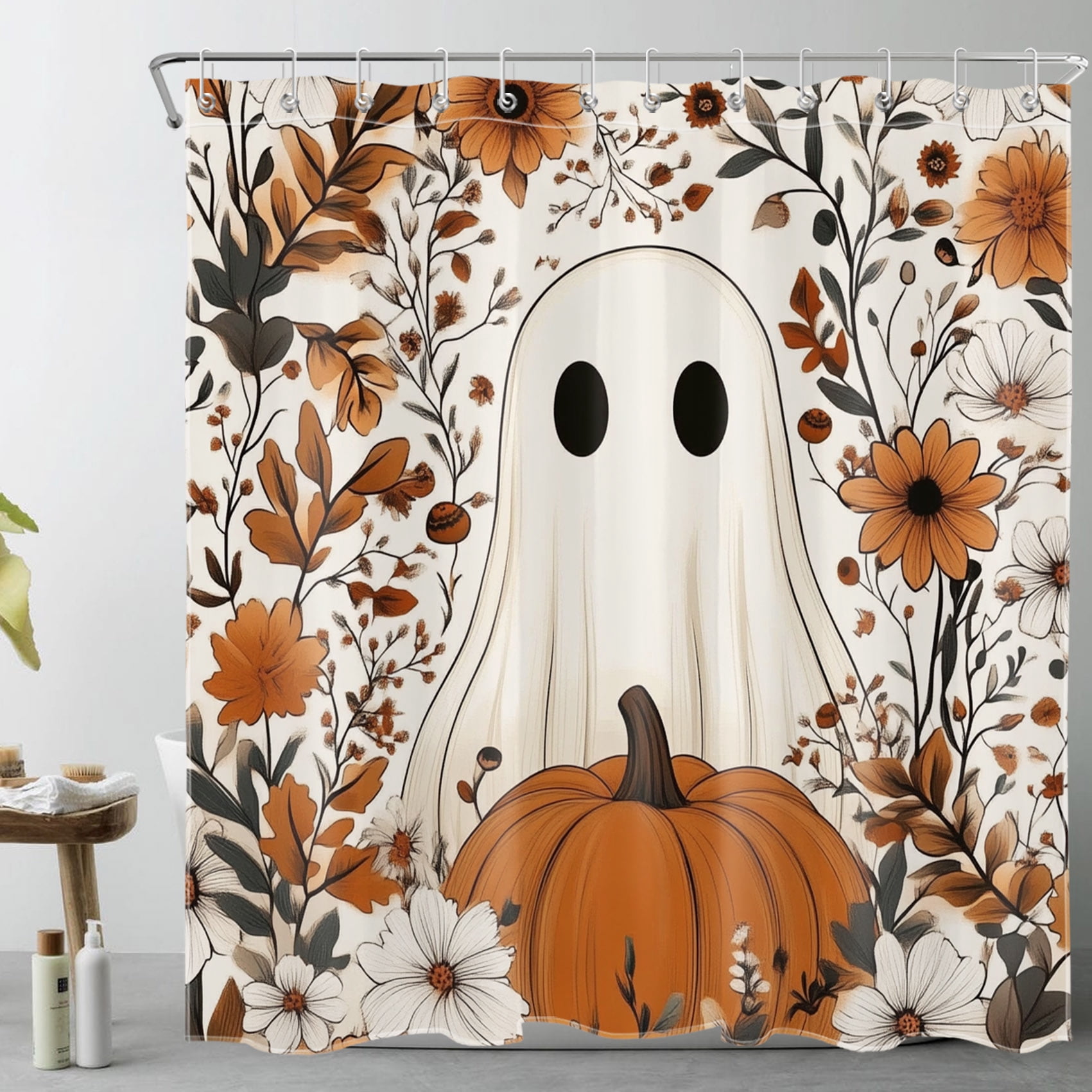 HVEST Halloween Ghost Pumpkin Shower Curtain with Cute Ghost and Fall ...