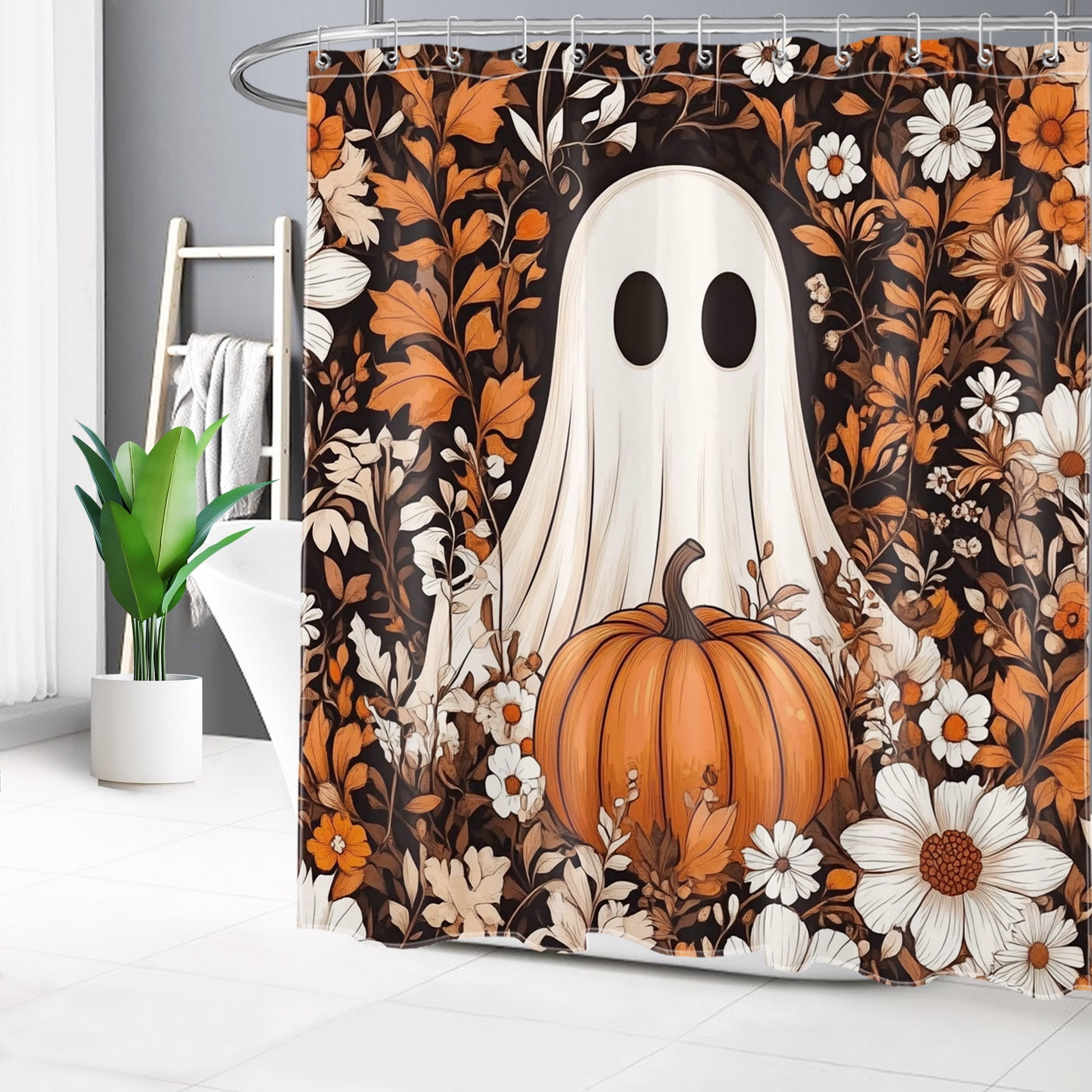 HVEST Halloween Ghost Pumpkin Shower Curtain with Spooky Ghost and Fall ...