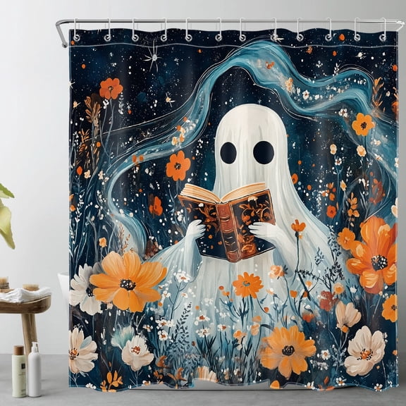 HVEST Halloween Ghost and Wildflower Shower Curtain with Funny Ghost Reading Book Design - Fantasy Galaxy Sky Bathroom Decor, Waterproof Polyester Fabric, Includes 12 Hooks, 72x78 Inches