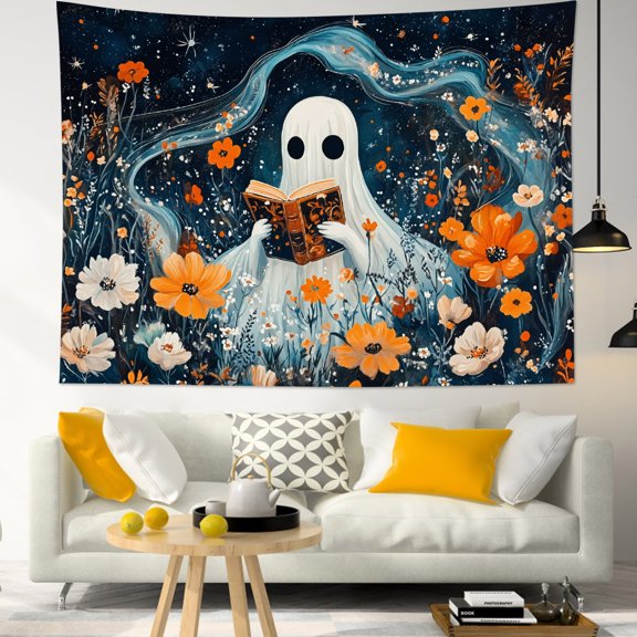 HVEST Halloween Ghost and Wildflower Tapestry Wall Hanging Funny Ghost Reading Book Wall Tapestry for Bedroom Fantasy Galaxy Sky Tapestry for Living Room College Dorm Home Decor,59x51 inch