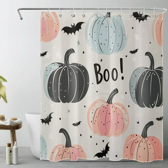 HVEST Halloween Pumpkin Shower Curtain with Abstract Watercolor Pumpkin and Bat Design - Pink Pumpkin Bathroom Decor, Waterproof Polyester Fabric, Includes 10 Hooks, 60x72 Inches