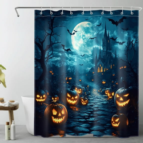 HVEST Halloween Pumpkin Shower Curtain with Spooky Bat and Pumpkin Moon Design - Scary Night Bathroom Decor, Waterproof Polyester Fabric, Includes 10 Hooks, 60x72 Inches