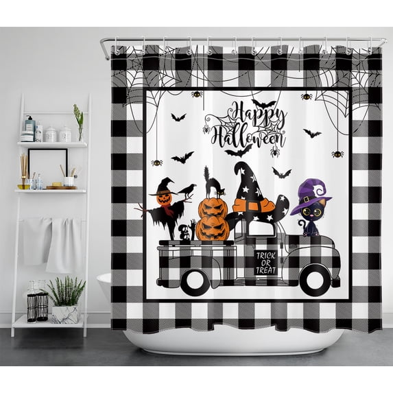 HVEST Halloween Shower Curtain for Bathroom,Black Cat and Pumpkin on Plaid Truck Shower Curtains,Bat and Spider Web Polyester Waterproof Fabric Decor Accessories Bath Curtain with Hooks,70x69 Inches