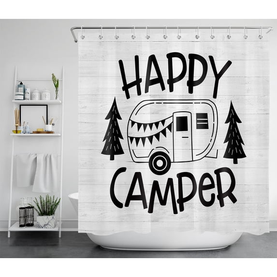 HVEST Happy Camper Shower Curtain for Bathroom Decor,Truck on Rustic Wooden Boards Shower Curtain with Hooks Set,Funny Farmhouse Polyester Waterproof Durable Fabric Bath Accessories 70x69 Inches