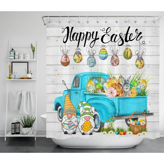 HVEST Happy Easter Shower Curtain for Bathroom,Colorful Egg and Rabbit on Truck Decor Accessories Bath Curtain,Gnome on Rustic Plank Polyester Waterproof Fabric Shower Curtain with Hooks,70x69 Inches