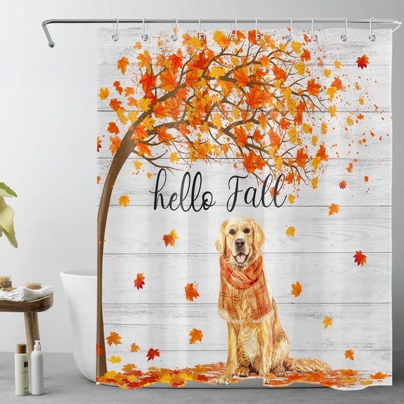 HVEST Hello Fall Shower Curtain for Bathroom,Farm Animal Dog and Falling Maple Leaf on Rustic Gray Wood Fabric Shower Curtain with Hooks,Vintage Farmhouse Bathroom Curtain Shower Set, 60x72 inches