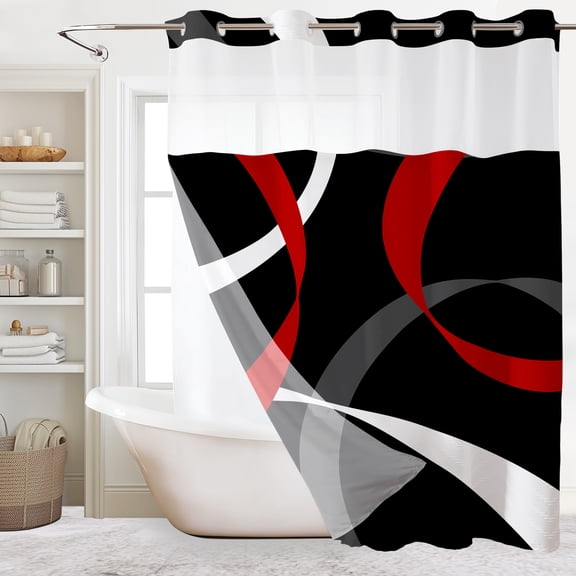 HVEST No Hook Shower Curtain with Snap in Liner, Black Red and Gray Geometric Shower Curtain - Fabric Waterproof Inner Liner, Modern Abstract Bathroom Curtains Washable, 71 x 74 Inch