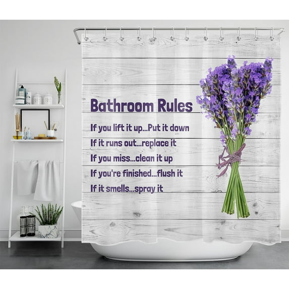 HVEST Lavender Floral Shower Curtain,Bathroom Rules Funny Quote Shower Curtain with Hooks,Grey Wood Planks Polyester Waterproof Fabric Bath Decor Accessories,70x69 Inches