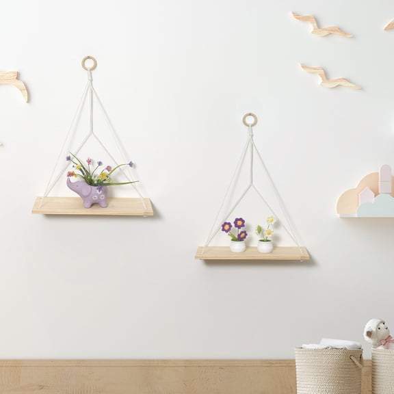 HVEST Macrame Wall Hanging Shelf - Boho Wall Decor Set of 2, Wood Floating Storage Shelves for Bedroom Living Room Nursery Dorm Room, Display Shelving for Hanging Plants Photos-White