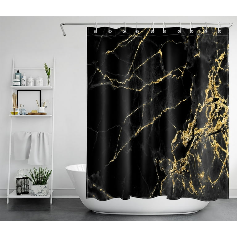 HVEST Marble Shower Curtain for Bathroom Decor,Black and Golden