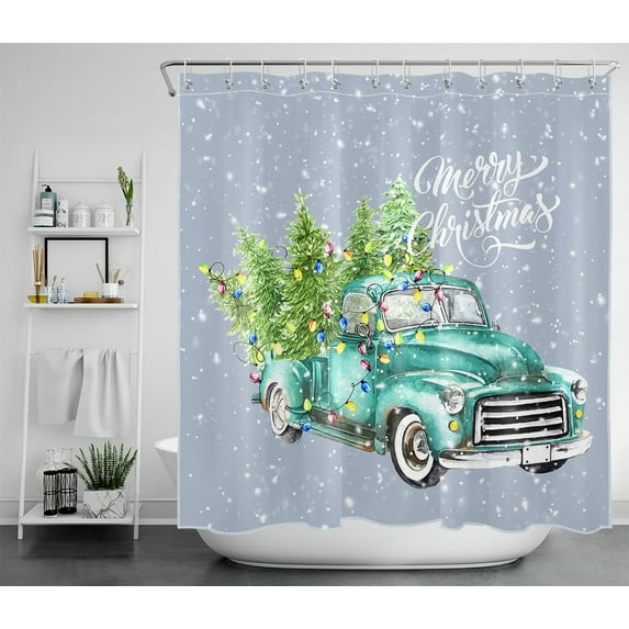 HVEST Merry Christmas Shower Curtain for Bathroom Decor,Teal Truck and Green Xmas Tree Shower Curtains,Winter Snowflake Polyester Waterproof Fabric Bath Curtain with Hooks,70x69 Inches
