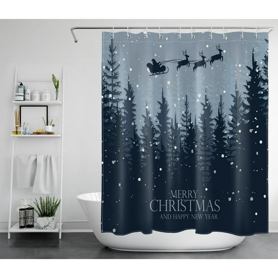 HVEST Merry Christmas Shower Curtain for Bathroom,Winter Night Forest Shower Curtains,Santa Claus and Reindeer Sleigh Polyester Waterproof Fabric Decor Accessories Bath Curtain with Hooks,60x72 Inches