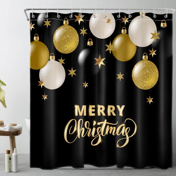 HVEST Merry Christmas Shower Curtain Decor, White and Gold Christmas Ball on Black Shower Curtain for Bathroom 69X70 inch Polyester Fabric Bathroom Decoration Bath Curtains Hooks Included