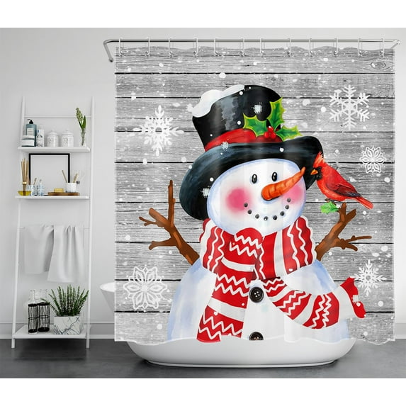 HVEST Merry Christmas Shower Curtain,Snowman Wear Scarf and Cardinal on Grey Rustic Wood Plank Bathroom Shower Curtain with Hooks,Winter Polyester Waterproof Fabric Bath Decor Accessories 70x69 Inches