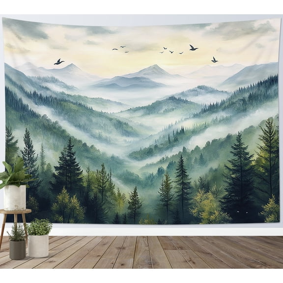 HVEST Misty Forest Mountain Tapestry Wall Hanging Green Pine Tree Foggy Birds Wall Tapestry for Bedroom Nature Landscape Tapestry for Living Room College Dorm Home Decor,60x40 inch
