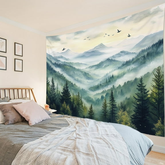 HVEST Misty Forest Mountain Tapestry Wall Hanging Green Pine Tree Foggy Birds Wall Tapestry for Bedroom Nature Landscape Tapestry for Living Room College Dorm Home Decor,92.5x70.9 inch