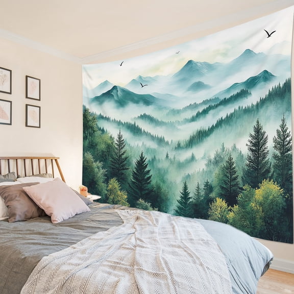 HVEST Misty Forest Mountain Tapestry Wall Hanging Green Pine Tree Forest Wall Tapestry for Bedroom Nature Landscape Tapestry for Living Room College Dorm Home Decor,92.5x70.9 inch