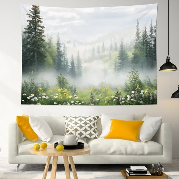 HVEST Misty Forest Tapestry Wall Hanging Green Plant Tree Wildflower Wall Tapestry for Bedroom Rustic Forest Tapestry for Living Room College Dorm Home Decor,60x40 inch