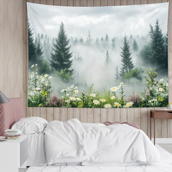 HVEST Misty Forest Tapestry Wall Hanging Green Plant Trees Floral Wall Tapestry for Bedroom Nature Landscape Tapestry for Living Room College Dorm Home Decor,59x51 inch