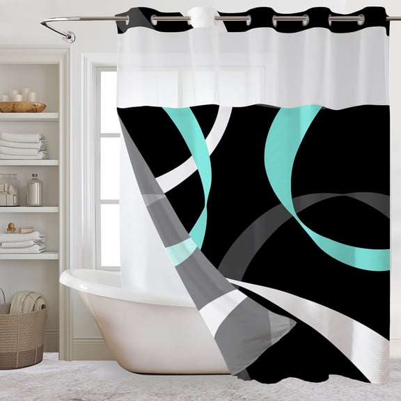 HVEST Modern Abstract No Hook Shower Curtain with Snap in Liner, Teal White and Grey Geometric Shower Curtain - Fabric Waterproof Inner Liner, Simple Line Bathroom Curtains Washable, 71 x 74 Inch