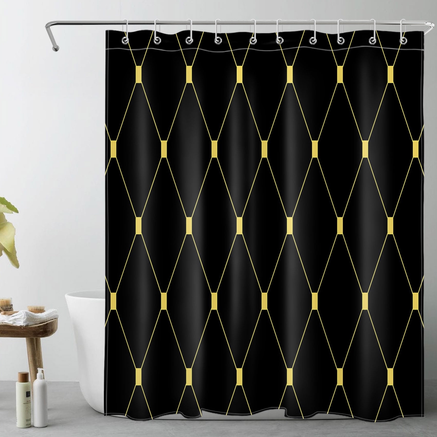 HVEST Geometric Pattern Shower Curtain, Black and Gold, Modern Art ...