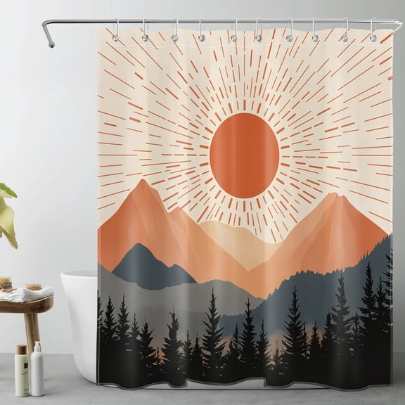 HVEST Modern Boho Shower Curtain, Abstract Geometric Sunset Forest Mountain Shower Curtain - Mid Century Bathroom Decor, Waterproof Polyester Fabric, Includes 10 Hooks, 60x72 Inches