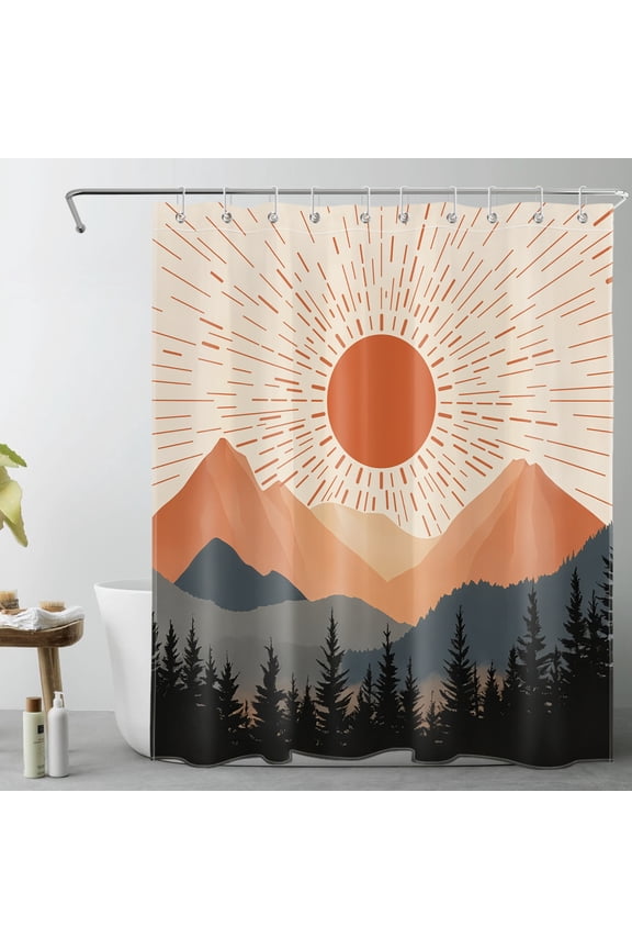 Modern Boho Shower Curtain, Abstract Geometric Sunset Forest Mountain Shower Curtain - Mid Century Bathroom Decor, Waterproof Polyester Fabric, Includes 10 Hooks, 60x72 Inches