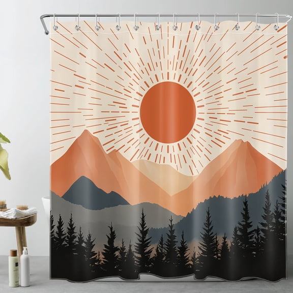 HVEST Modern Boho Shower Curtain, Abstract Geometric Sunset Forest Mountain Shower Curtain - Mid Century Bathroom Decor, Waterproof Polyester Fabric, Includes 12 Hooks, 72x72 Inches