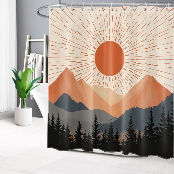 HVEST Modern Boho Shower Curtain, Abstract Geometric Sunset Forest Mountain Shower Curtain - Mid Century Bathroom Decor, Waterproof Polyester Fabric, Includes 12 Hooks, 72x78 Inches