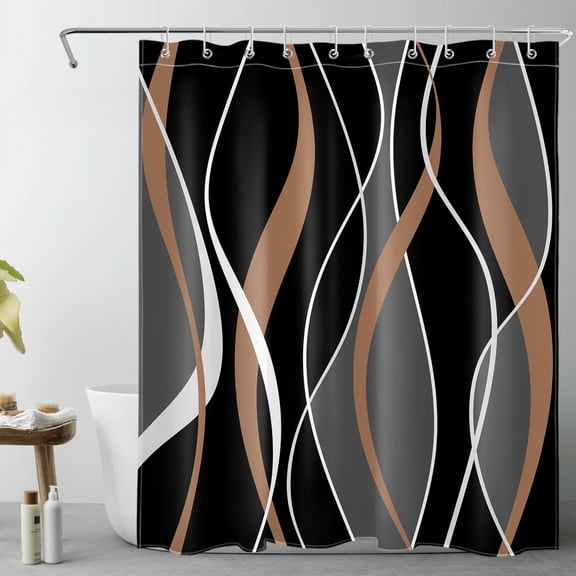 HVEST Modern Geometric Shower Curtain with Abstract Brown Black and Gray Line Design - Modern Simple Bathroom Decor, Waterproof Polyester Fabric, Includes 10 Hooks, 60x72 Inches