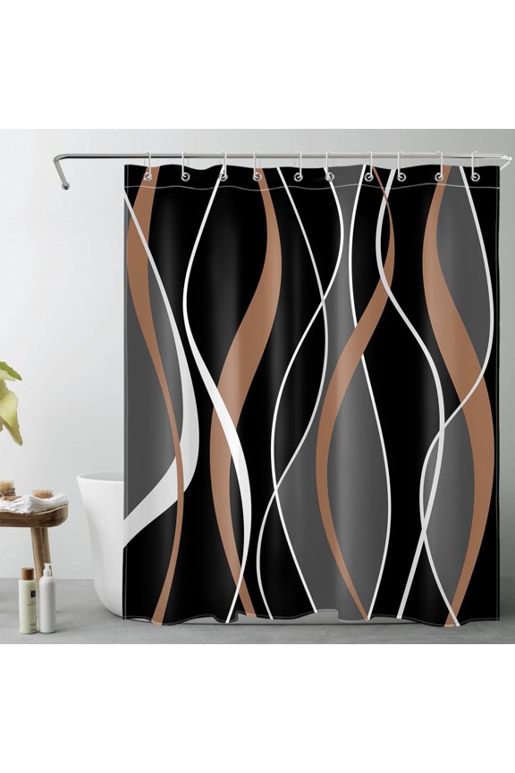Modern Geometric Shower Curtain with Abstract Brown Black and Gray Line Design - Modern Simple Bathroom Decor, Waterproof Polyester Fabric, Includes 10 Hooks, 60x72 Inches