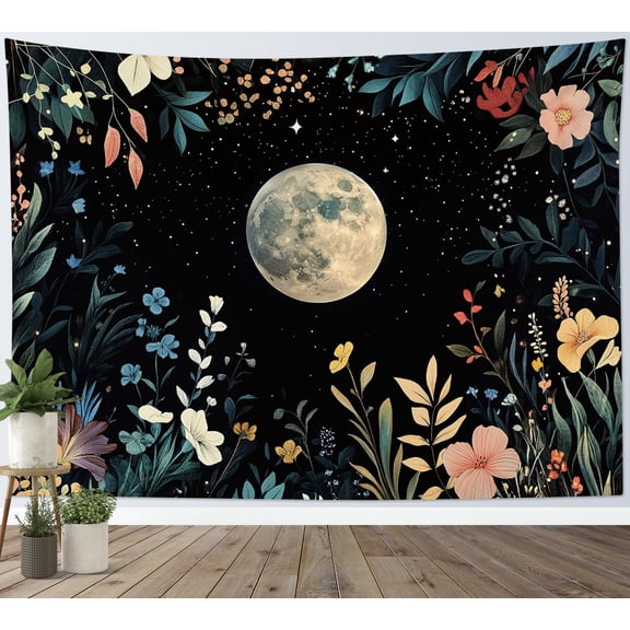 HVEST Moon Floral Plant Tapestry Wall Hanging Boho Flower Botanical Wall Tapestry for Bedroom Vintage Black Aesthetic Tapestry for Living Room College Dorm Home Decor,60x40 inch