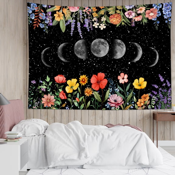 HVEST Moon Phase Floral Tapestry Wall Hanging Spring Wildflower Plant Botanical Wall Tapestry for Bedroom Rustic Flower Tapestry for Living Room College Dorm Home Decor,80x60 inch