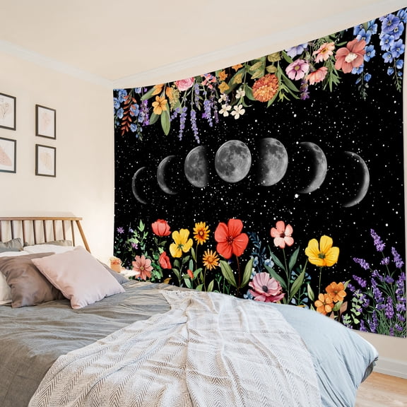 HVEST Moon Phase Floral Tapestry Wall Hanging Spring Wildflower Plant Botanical Wall Tapestry for Bedroom Rustic Flower Tapestry for Living Room College Dorm Home Decor,92.5x70.9 inch