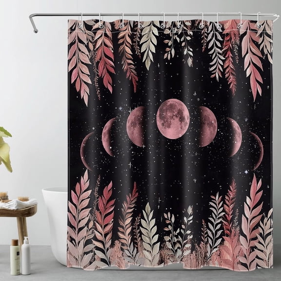 HVEST Moon Phase Plant Leaf Shower Curtain with Pink Moon and Starry Night Aesthetic Design - Black and Pink Bathroom Decor, Waterproof Polyester Fabric, Includes 10 Hooks, 60x72 Inches